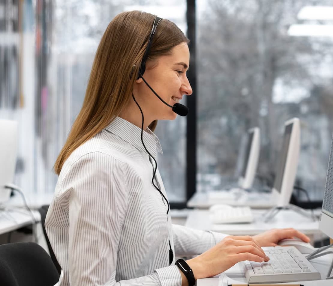 Customer support representative with headset